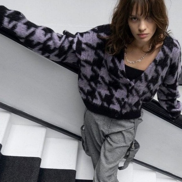 The Ragged Priest purple black houndstooth V neck button cardigan oversized S - Picture 13 of 13